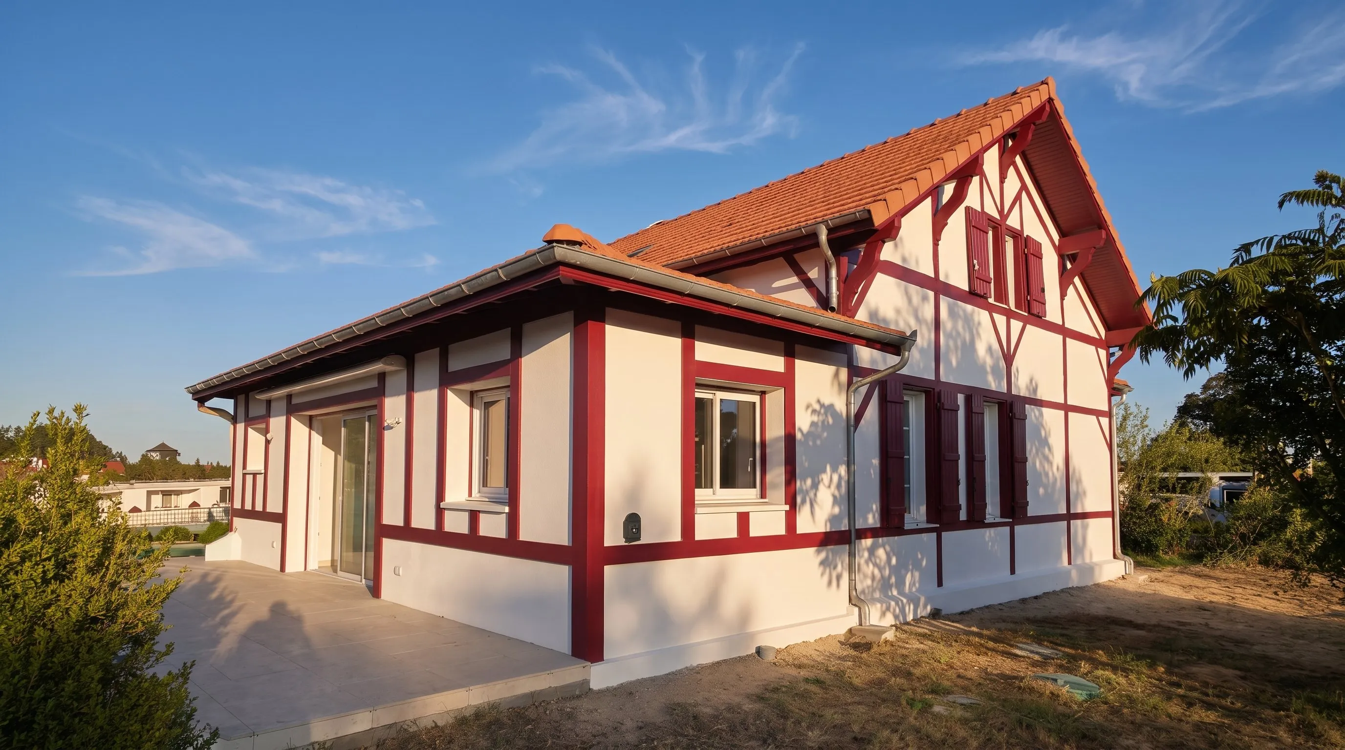 Maison néo-basque neuve aux colombages rouges