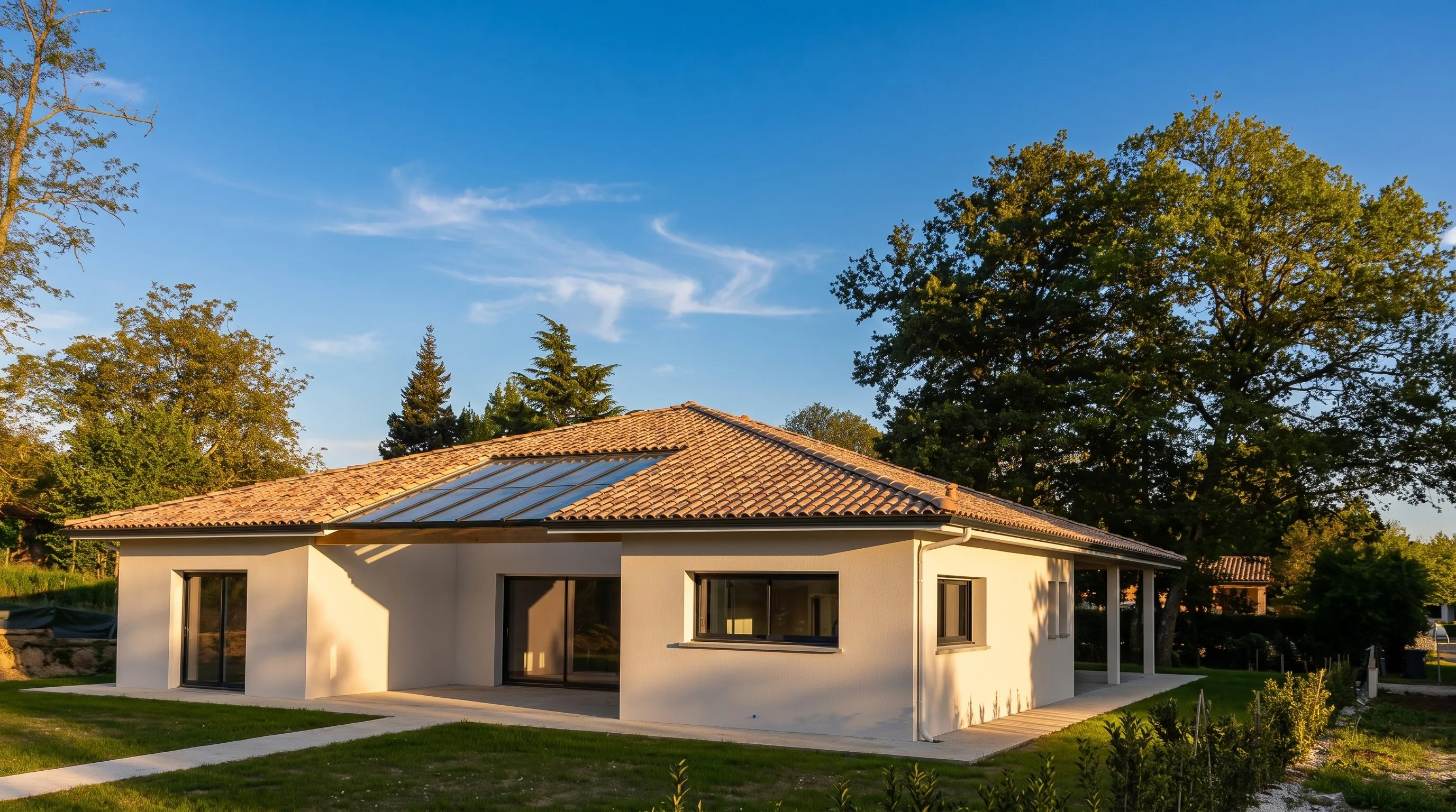 Maison contemporaine de plain-pied, au soir