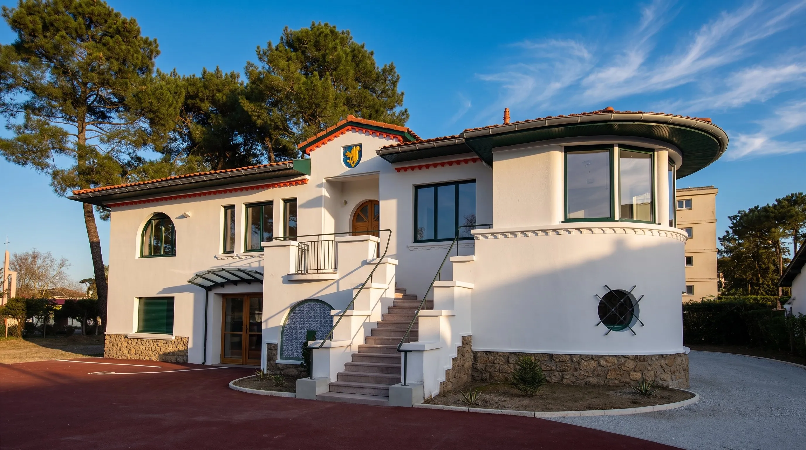Villa blanche rénovée sous les pins, au soir